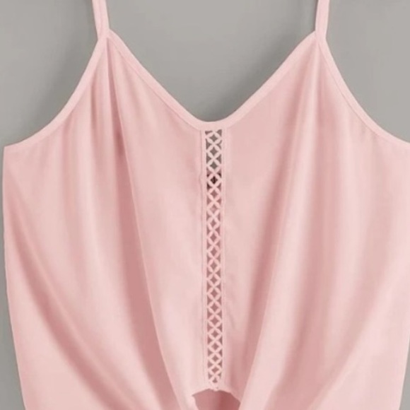 Pink Silky Eyelet Cross Pattern Down The Front W/Tied Front Lace Cami Top - Picture 5 of 7